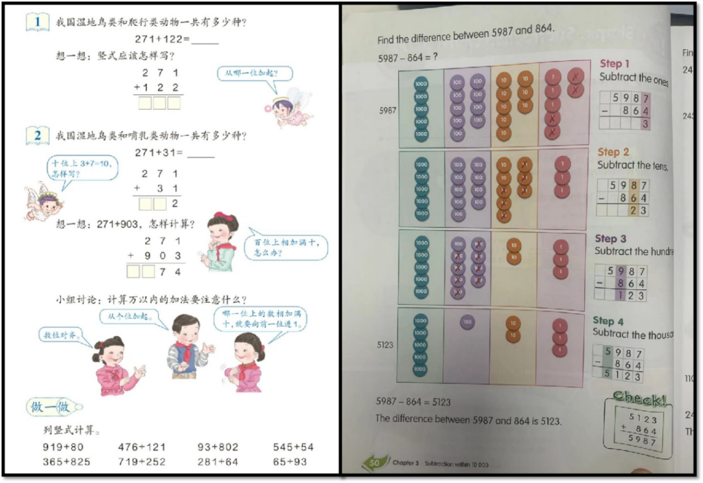 国内强化对位思想和运算法则，固化数量关系；新加坡数学从形象化的过程中抽象出算式，灵活对应数量关系